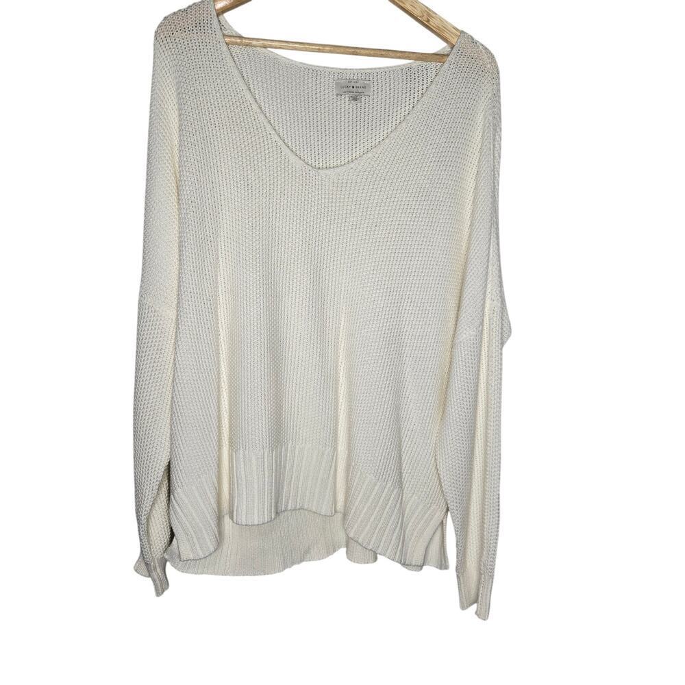Lucky Brand Womens Ivory Open Knit Sweater XL V-Neck Minimalist Oversized Chunky